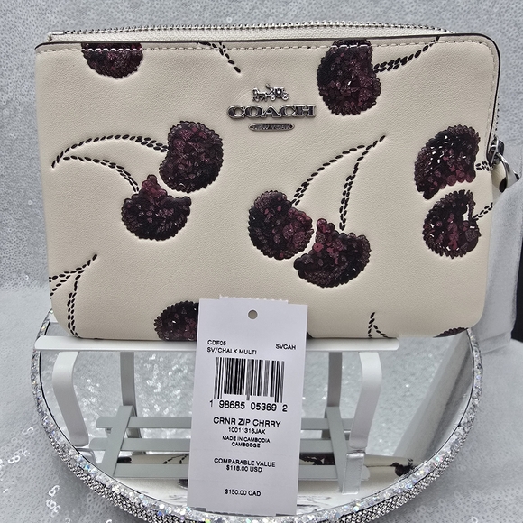 Coach Corner Zip Sequined Cherry Print Wristlet Smooth Leather Chalk & Silver - Picture 8 of 10